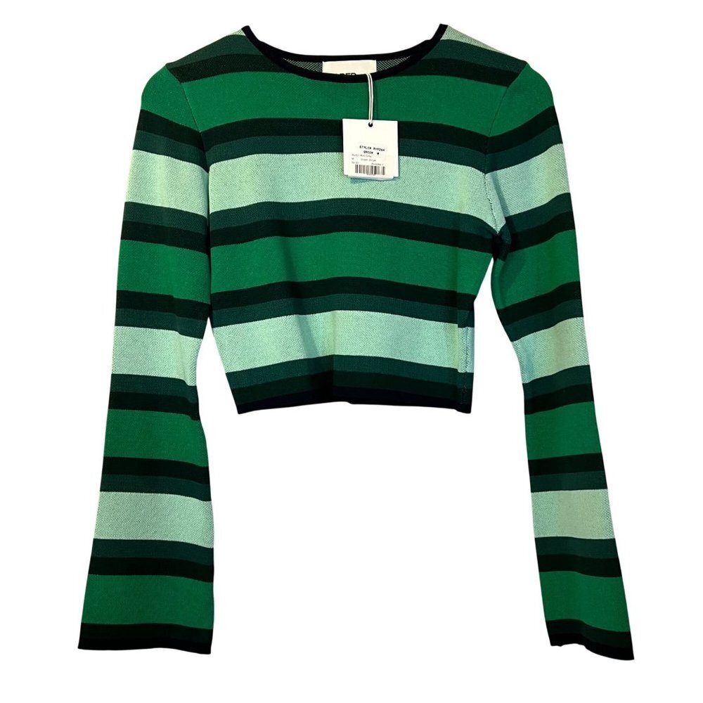 NWT Paper Heart Striped‎ Green Burton Knit Crop Top M Bell Sleeves Preppy
